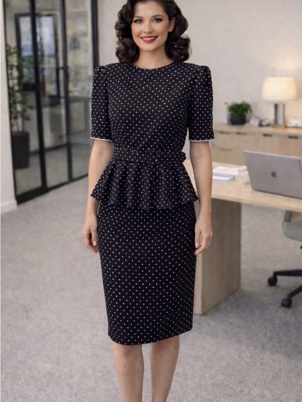 80s does 40s VTG V.L.P. Petites Women's Peplum Top Skirt Size 4 Black Polka Dot